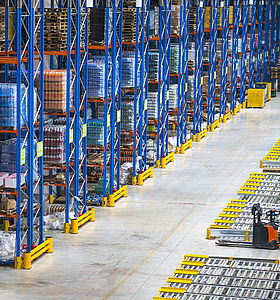 Distribution warehouse building interior and large storage area with goods on the shelf.